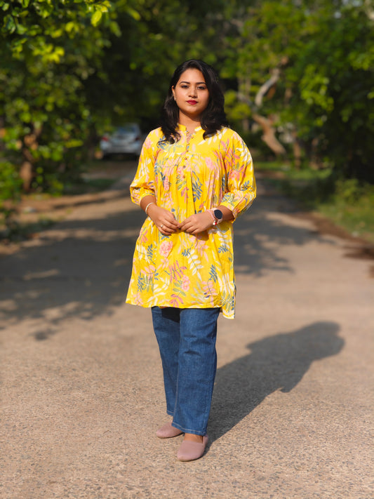 Women’s Long Yellow Floral Printed Kurti – Mandarin Collar – Sizes M, L & 2XL