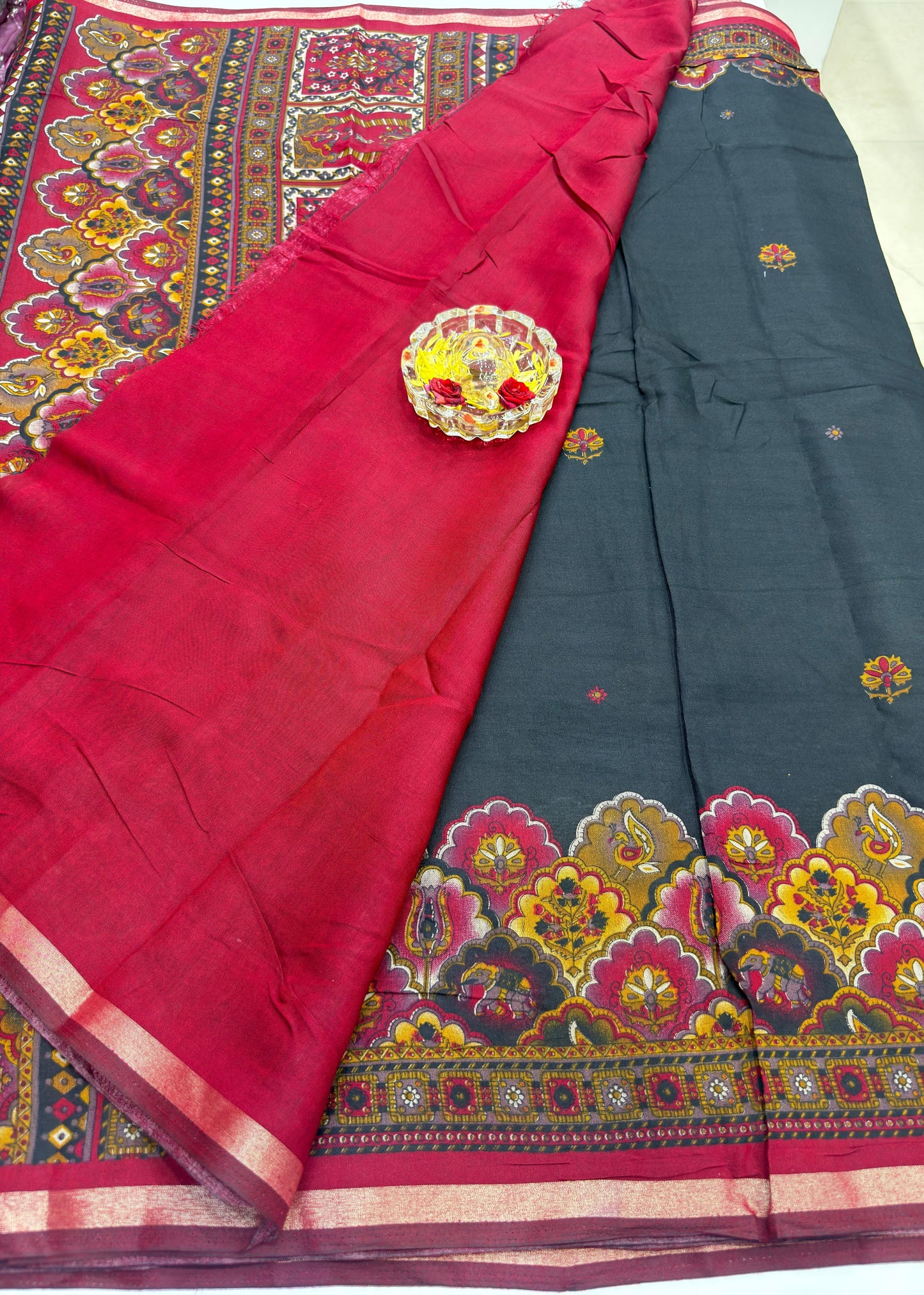 Kalamkari Printed Silk Blend Saree for Women with Artistic Border and Traditional Ethnic Design