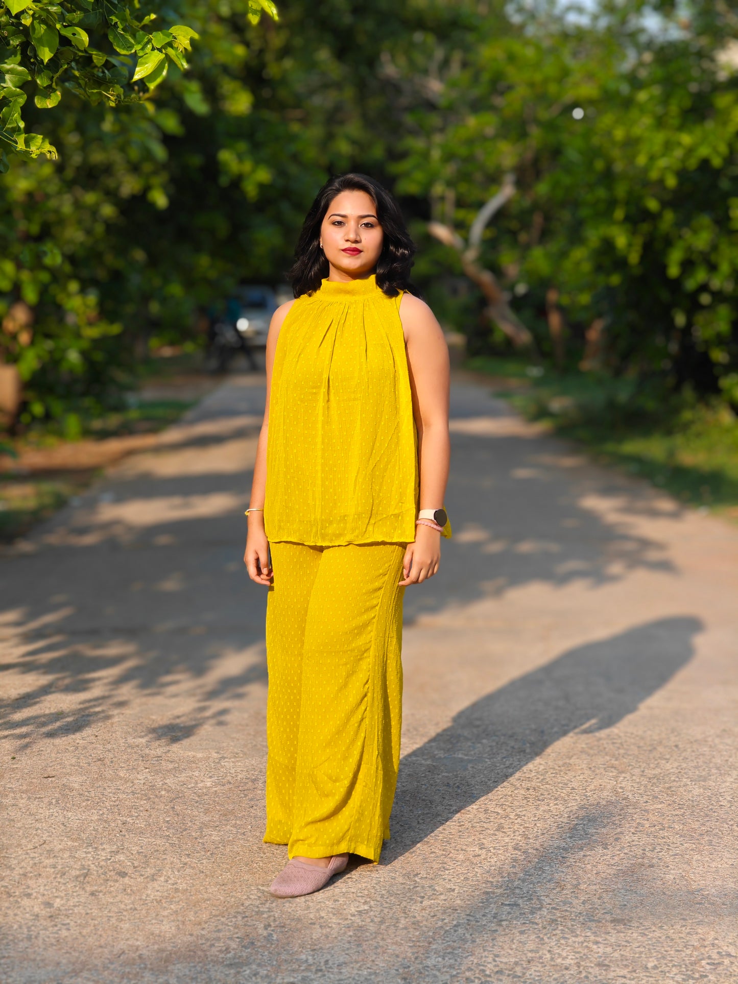 Yellow Dobby Chiffon Sleeveless Co-Ord Set for Women – Solid Halter Top with Flared Pants