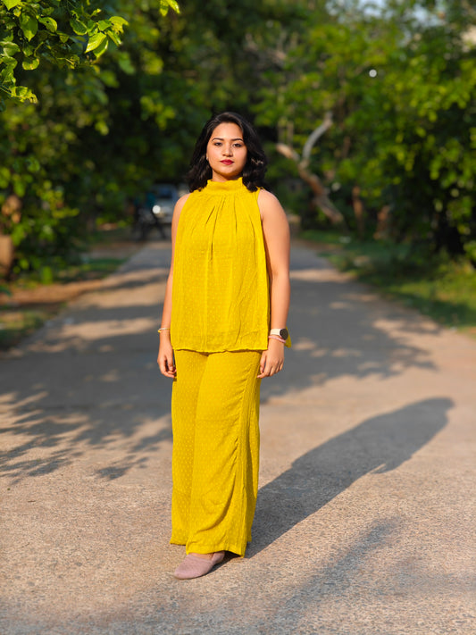 Yellow Dobby Chiffon Sleeveless Co-Ord Set for Women – Solid Halter Top with Flared Pants