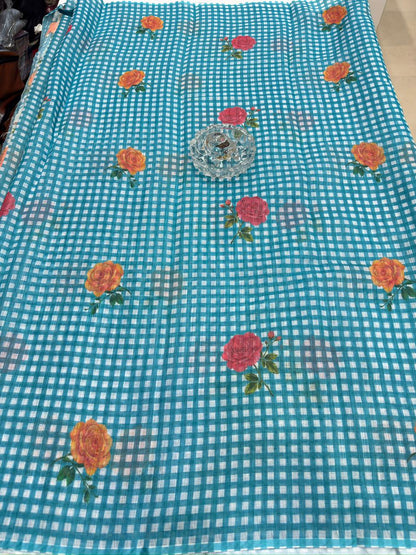 Linen Checks Printed Saree with Rose Floral Design and Matching Blouse for Women