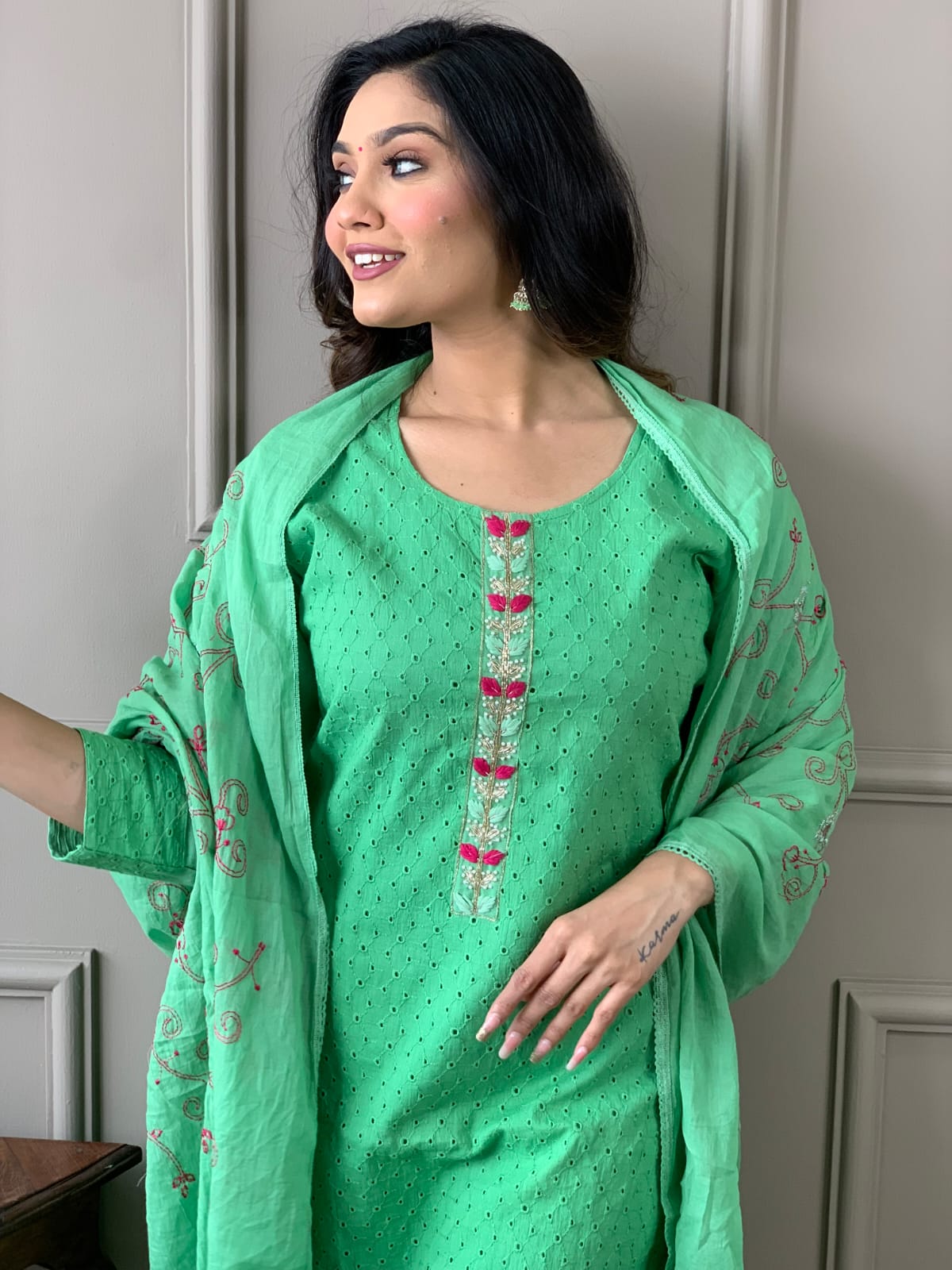 Cotton Schiffli Chikankari Kurta Set with Pants and Printed Silk Dupatta – Women’s Ethnic Wear