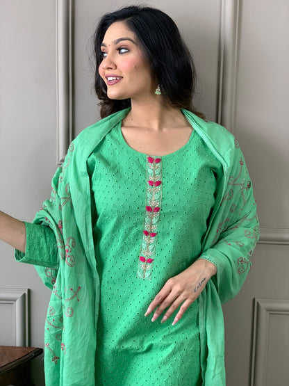 Cotton Schiffli Chikankari Kurta Set with Pants and Printed Silk Dupatta – Women’s Ethnic Wear
