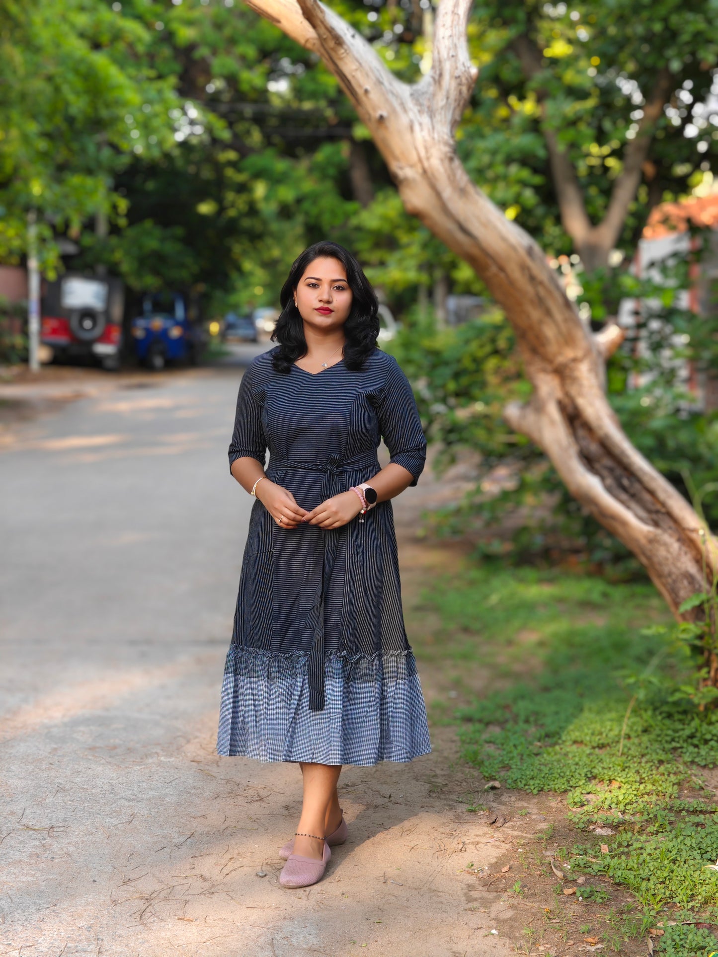 Black Cotton Striped Flared Midi Dress for Women – Sizes S to 3XL