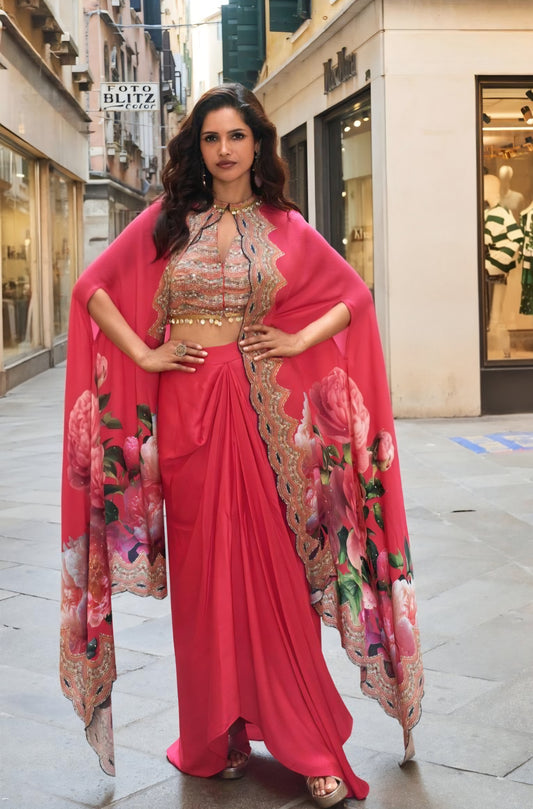 French Crepe Silk Jacket Blouse Dhoti Set with Handwork for Wedding Wear