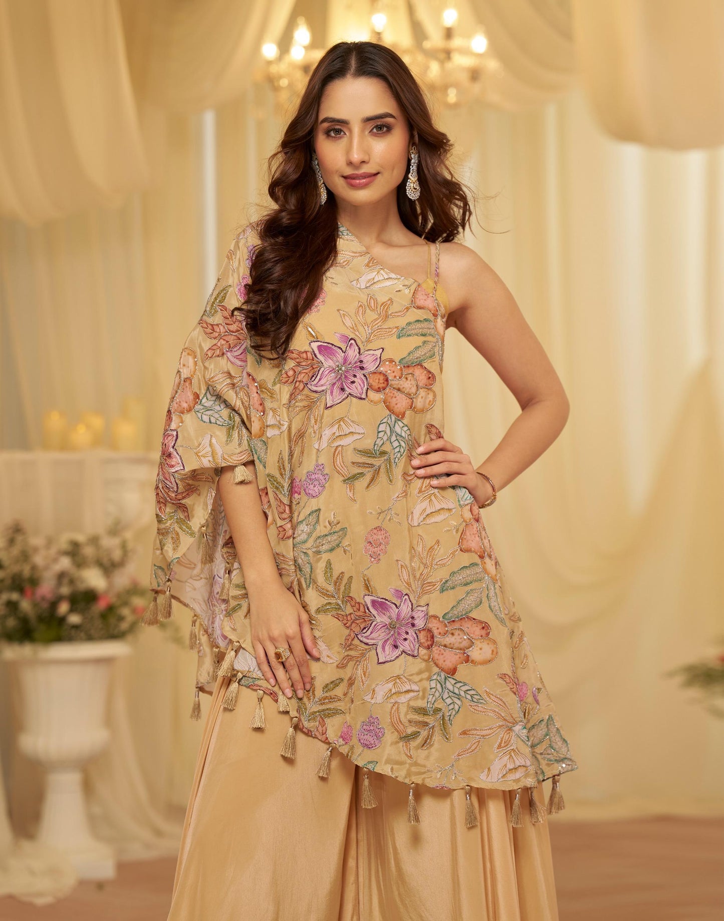 Designer Viscose Crepe Embroidered Kaftan Style Palazzo Set for Women with Blouse
