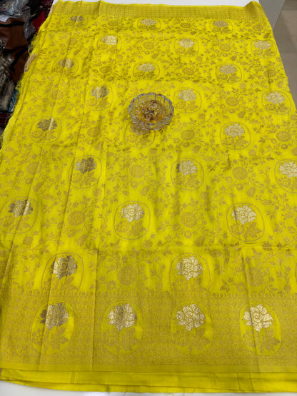 Soft Dola Silk Meenakari Woven Saree with Rich Pallu, Zari Floral Border and Tassels for Women