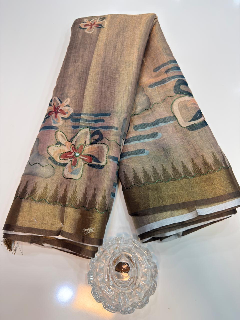 Erode Cotton Printed Saree with Aari Work and Tassel Pallu with Blouse Piece for Women