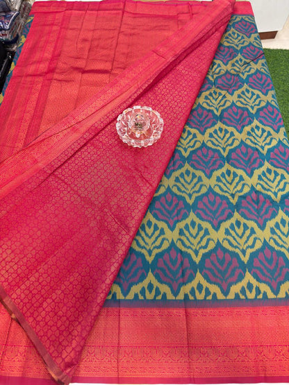 Soft Silk Ikkat Pochampally Saree with Traditional Woven Border and Blouse Piece for Women