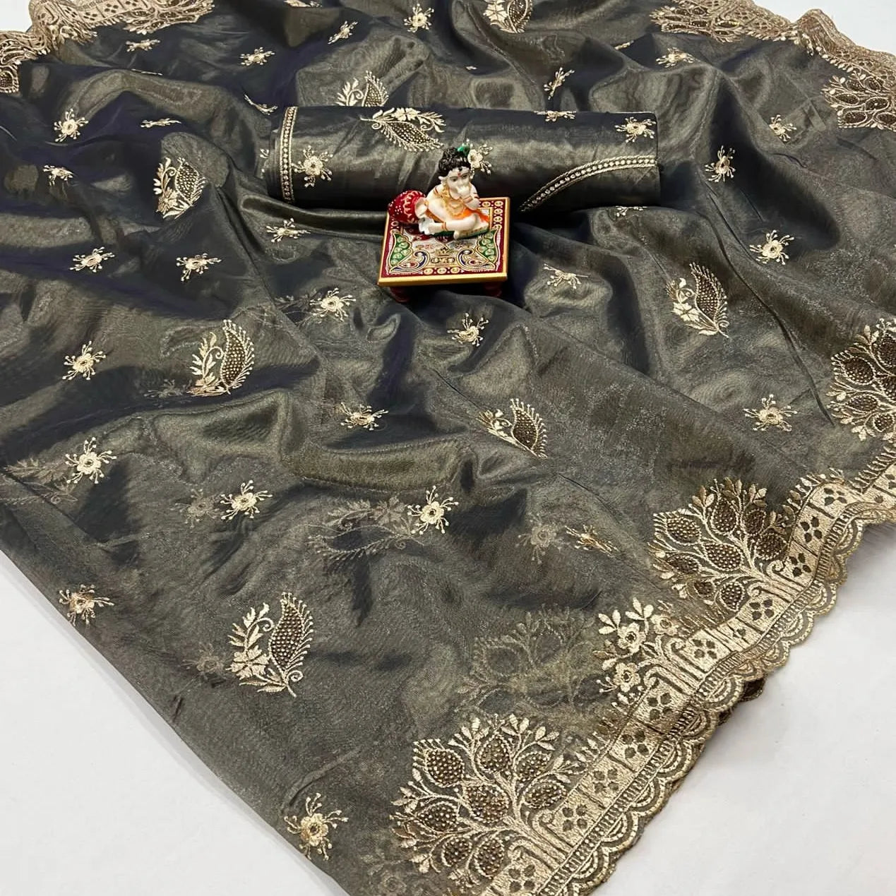 Organza Saree with Intricate Embroidery, Cutwork Detailing and Heavy Silk Blouse – Festive Wear