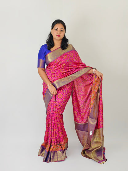 Spanish Ikkat Cotton Saree with Pochampalli Print and Nylon Zari Border for Women