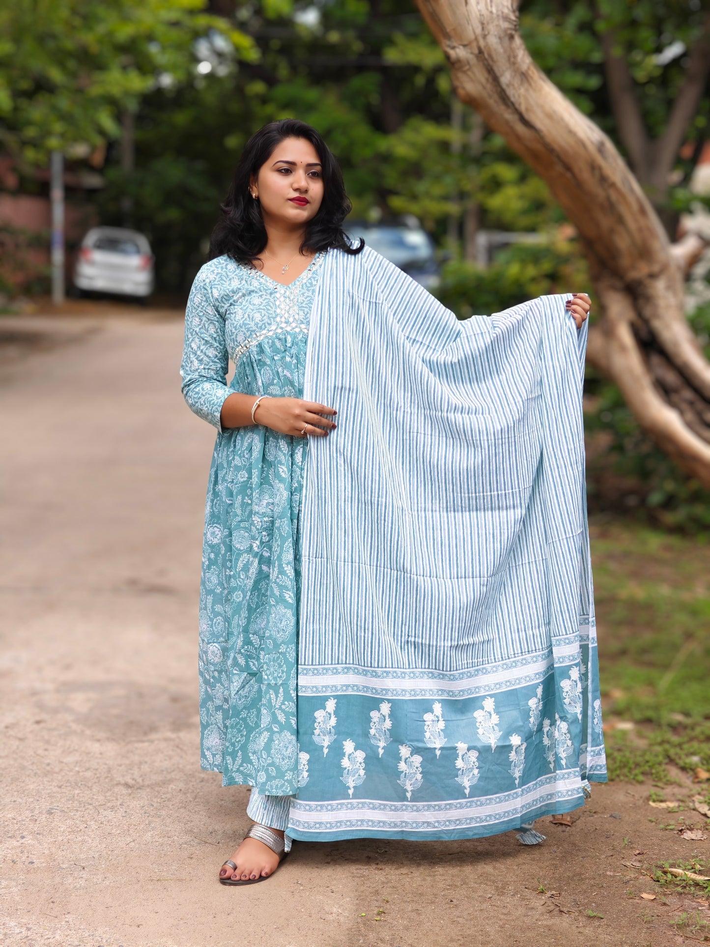 Alia-Style Jaipuri Print Cotton Anarkali Suit with Pants and Mul Dupatta – Women’s Ethnic Set