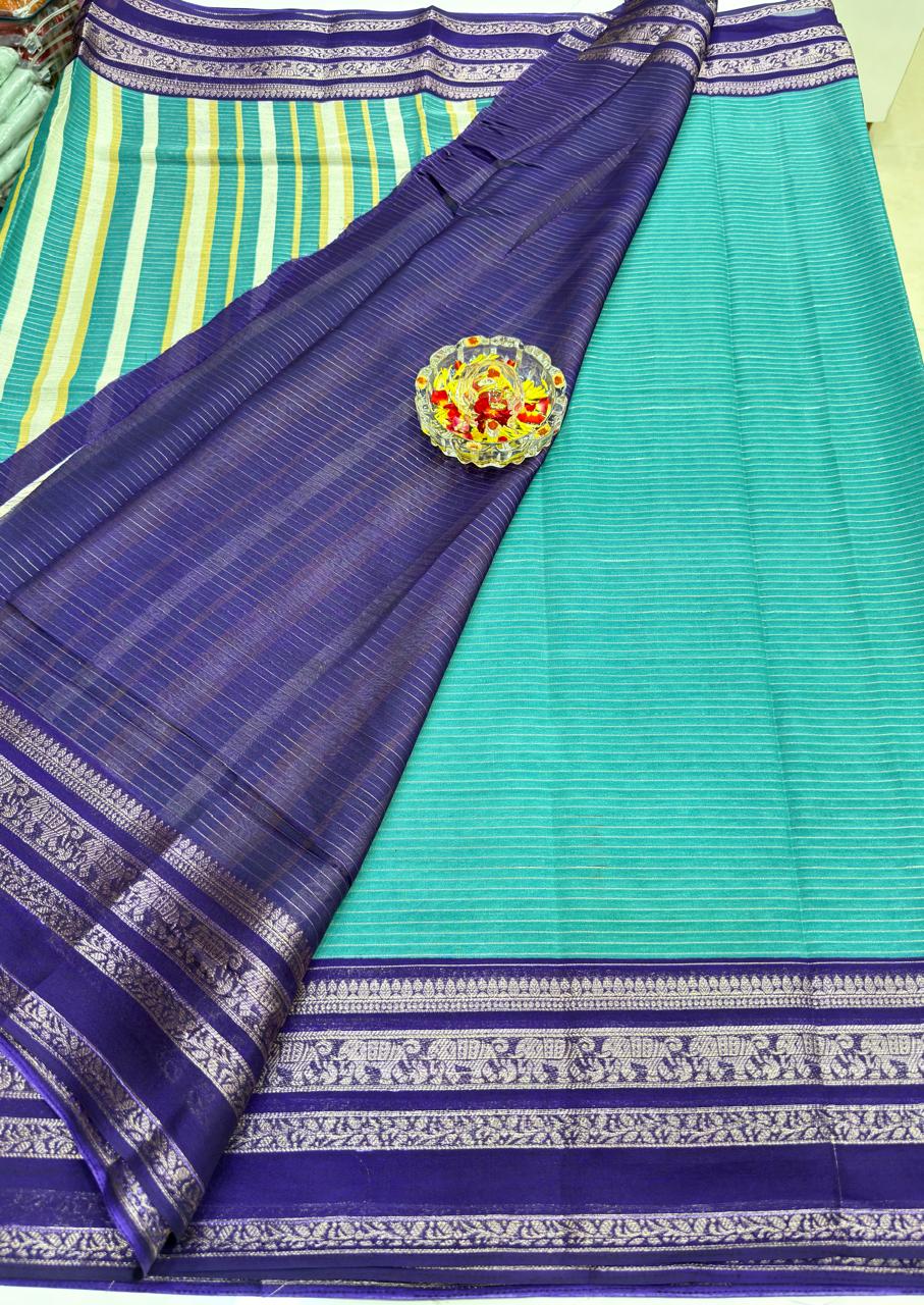 Munga Crape Silk Saree for Women with Contrast Woven Border and Traditional Stripe Design