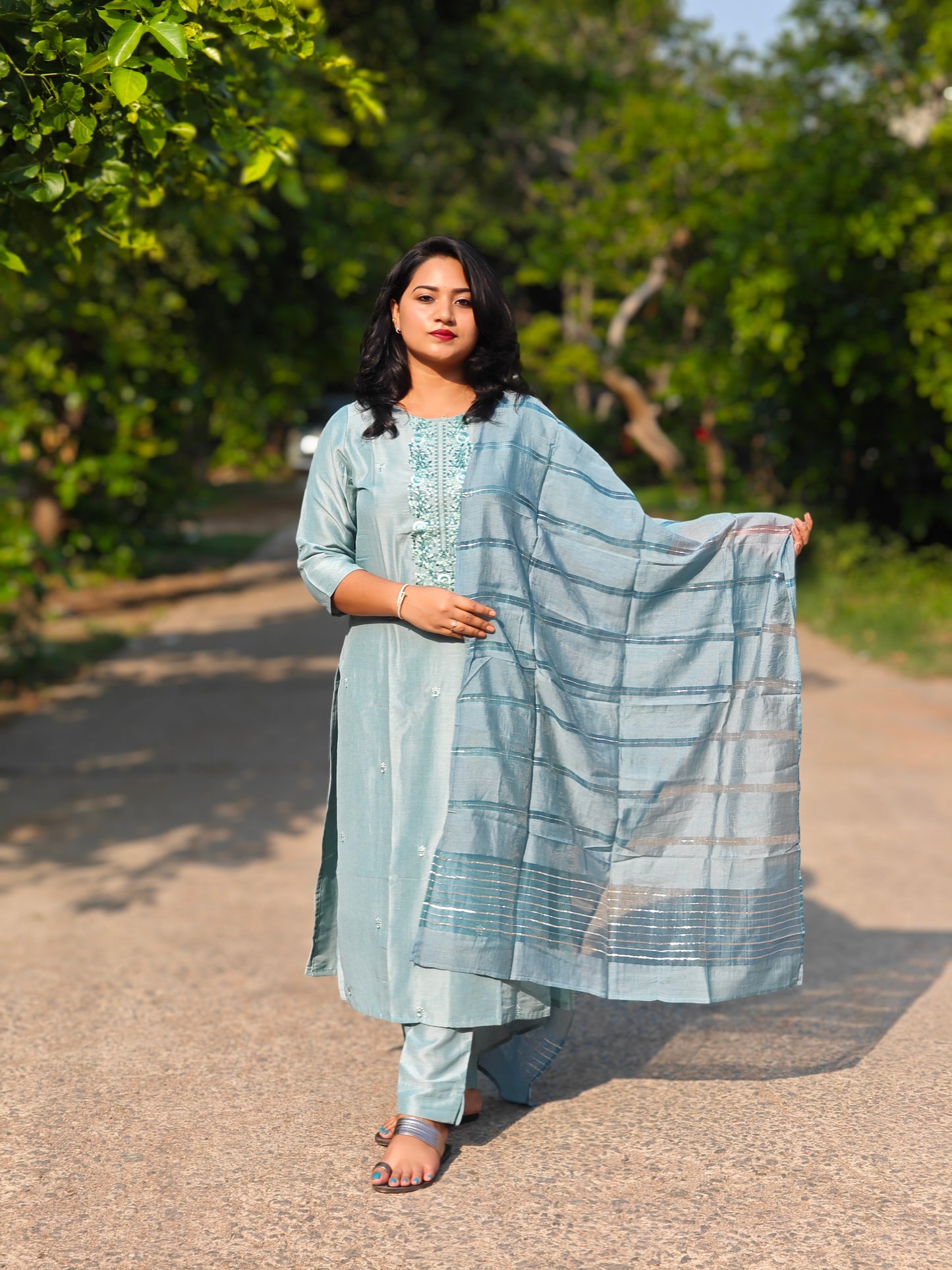 Turquoise Poly Silk Kurta with Pant and Dupatta – Thread Work Suit Set for Women XL & XXL