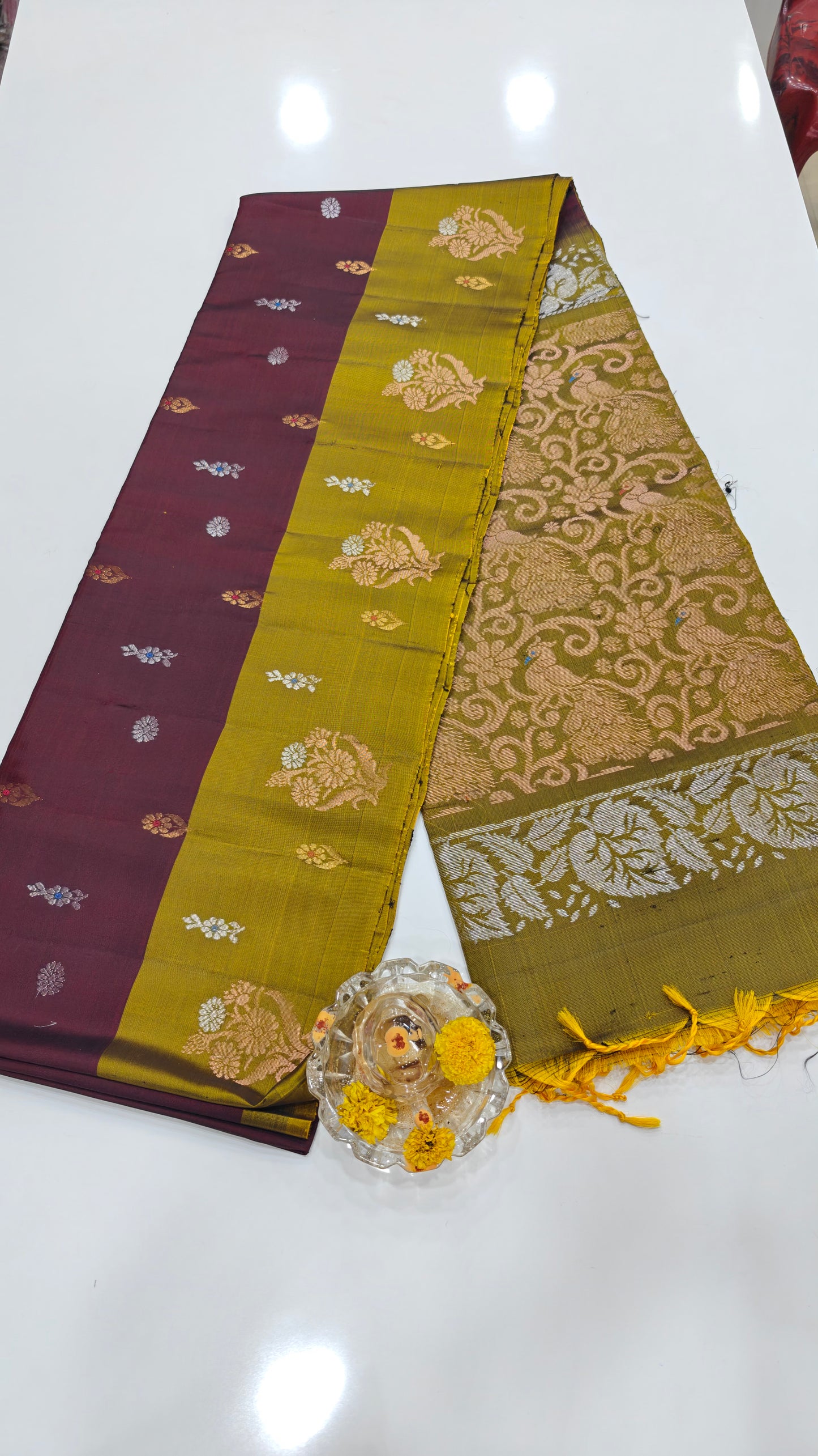 Pure Handloom Silk Saree with Woven Butta & Contrast Pallu