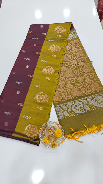 Pure Handloom Silk Saree with Woven Butta & Contrast Pallu