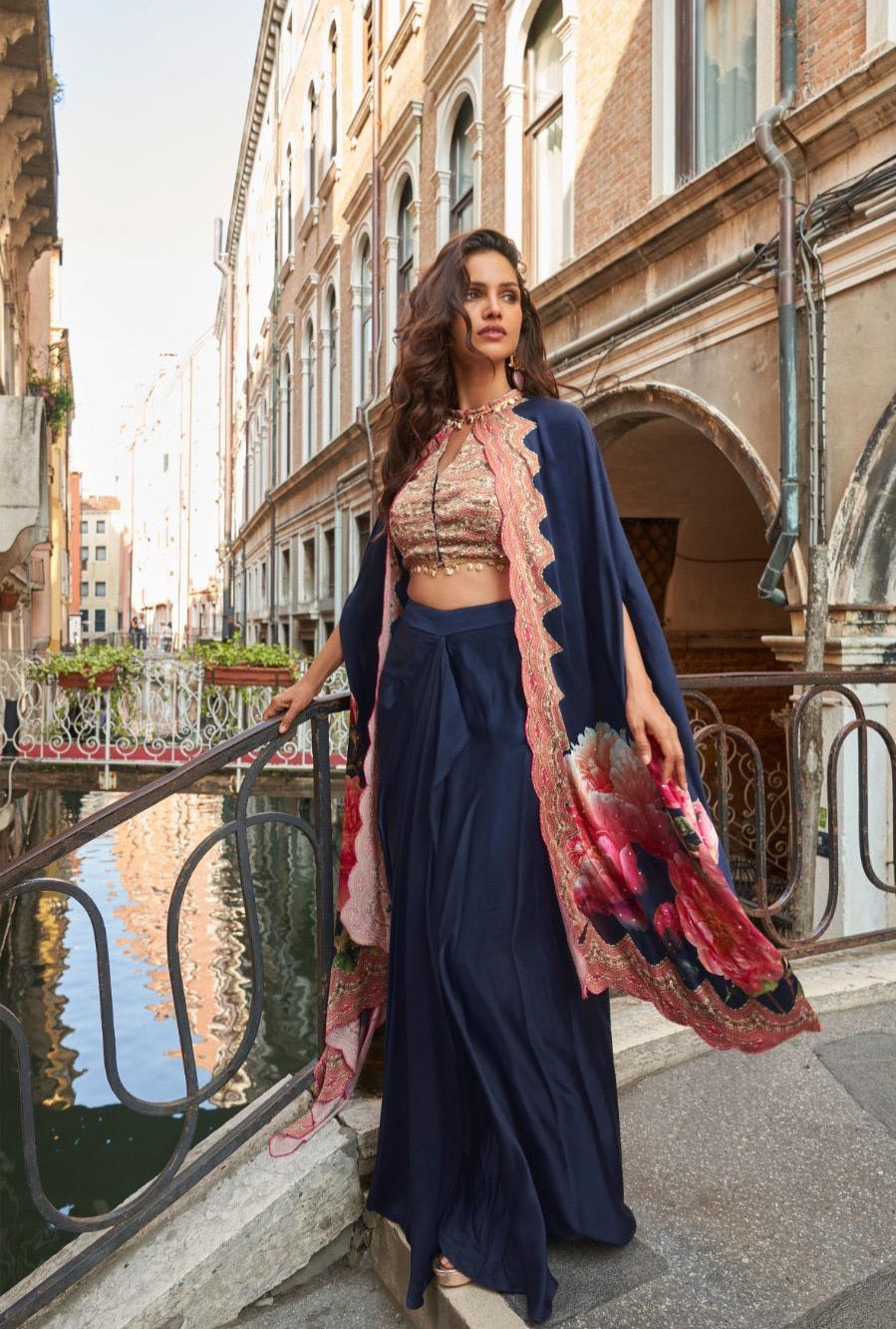 French Crepe Silk Jacket Blouse Dhoti Set with Handwork for Wedding Wear