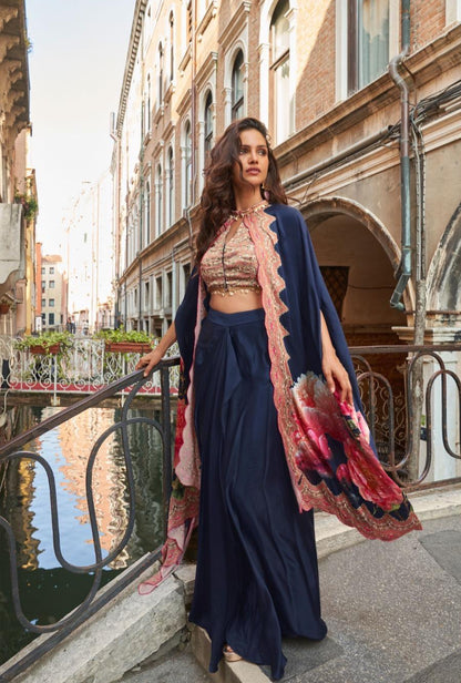 French Crepe Silk Jacket Blouse Dhoti Set with Handwork for Wedding Wear