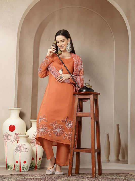mul chanderi kurti pant and dupatta set for women with detailing work
