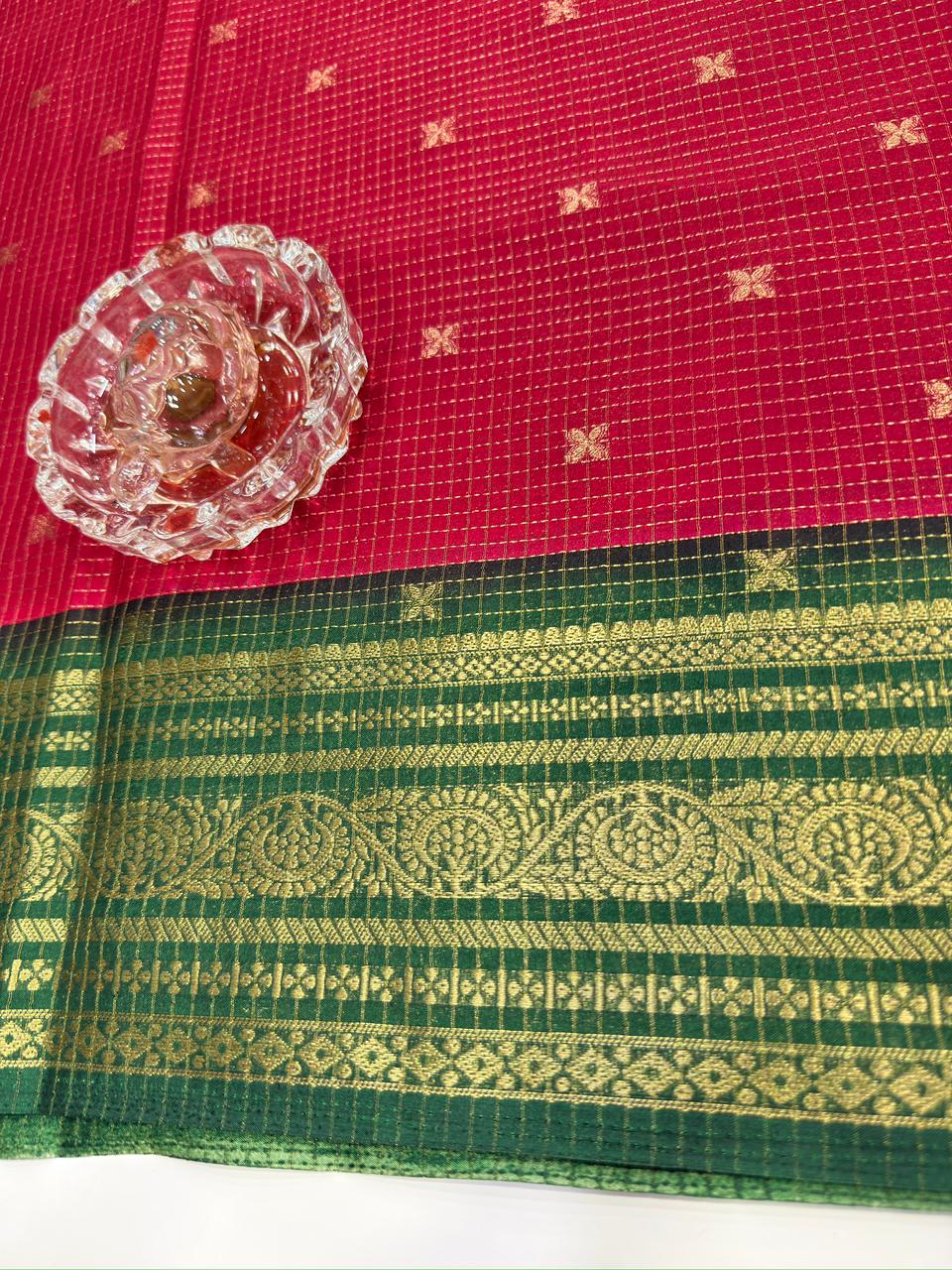 Munga pattu silk blend saree with small buti checks and zari border, women’s festive wear saree