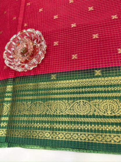 Munga pattu silk blend saree with small buti checks and zari border, women’s festive wear saree