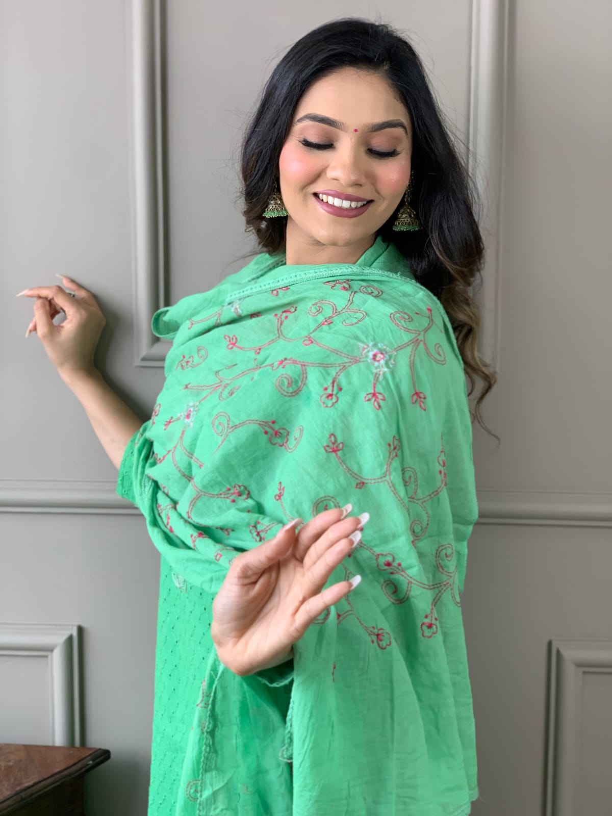 Cotton Schiffli Chikankari Kurta Set with Pants and Printed Silk Dupatta – Women’s Ethnic Wear