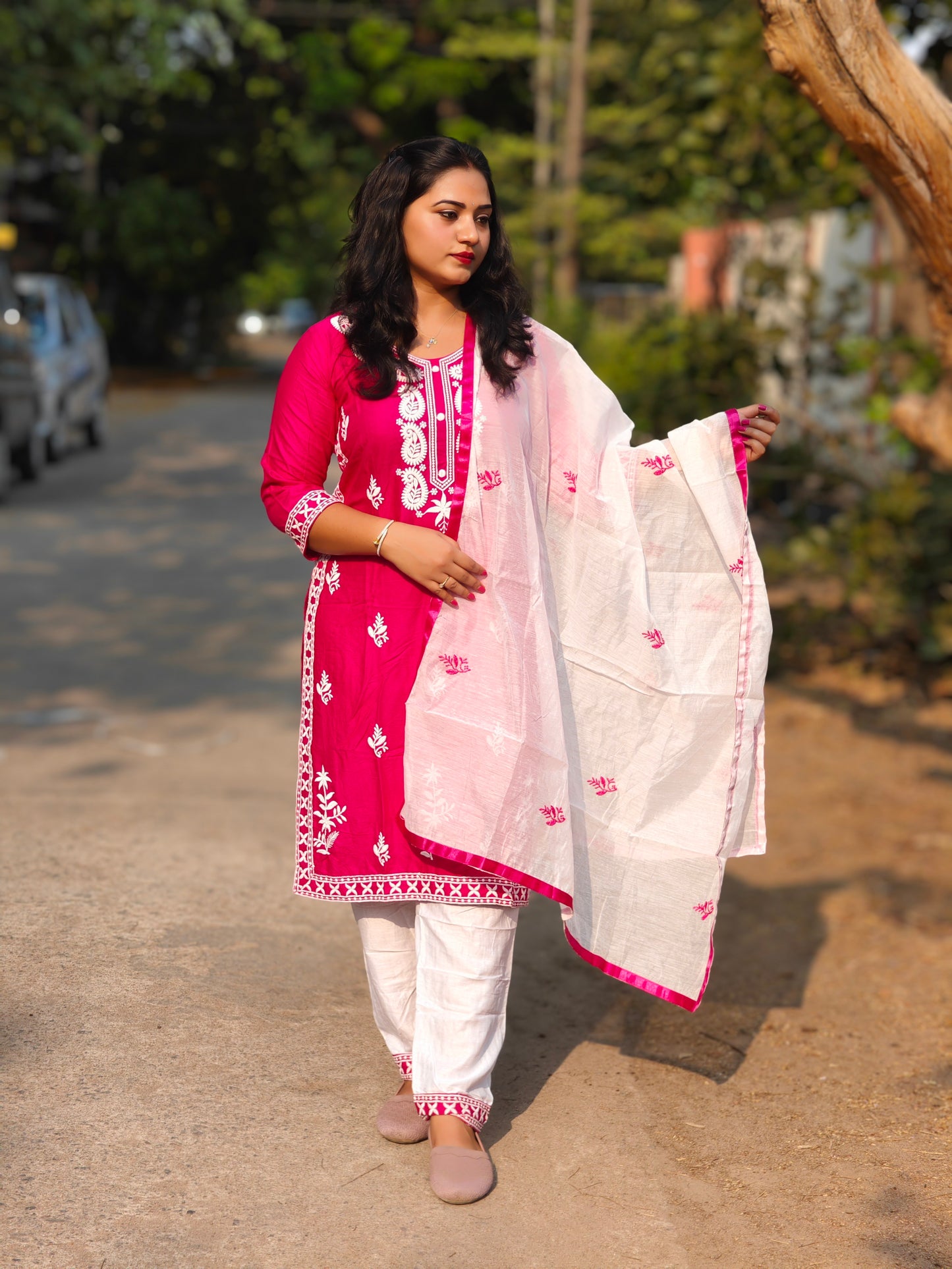 Designer kurti pant dupatta set for women in 14 kg rayon with cotton embroidery and chanderi silk dupatta