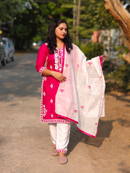 Designer kurti pant dupatta set for women in 14 kg rayon with cotton embroidery and chanderi silk dupatta