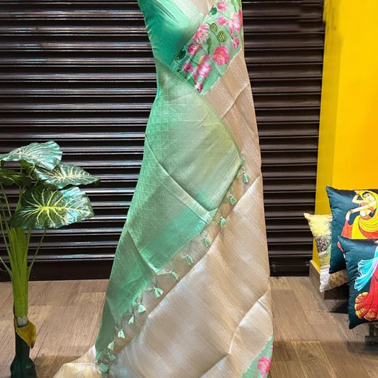 Soft Silk Saree with Pichwai Lotus Print Contrast Border, Rich Zari Pallu, and Blouse Piece