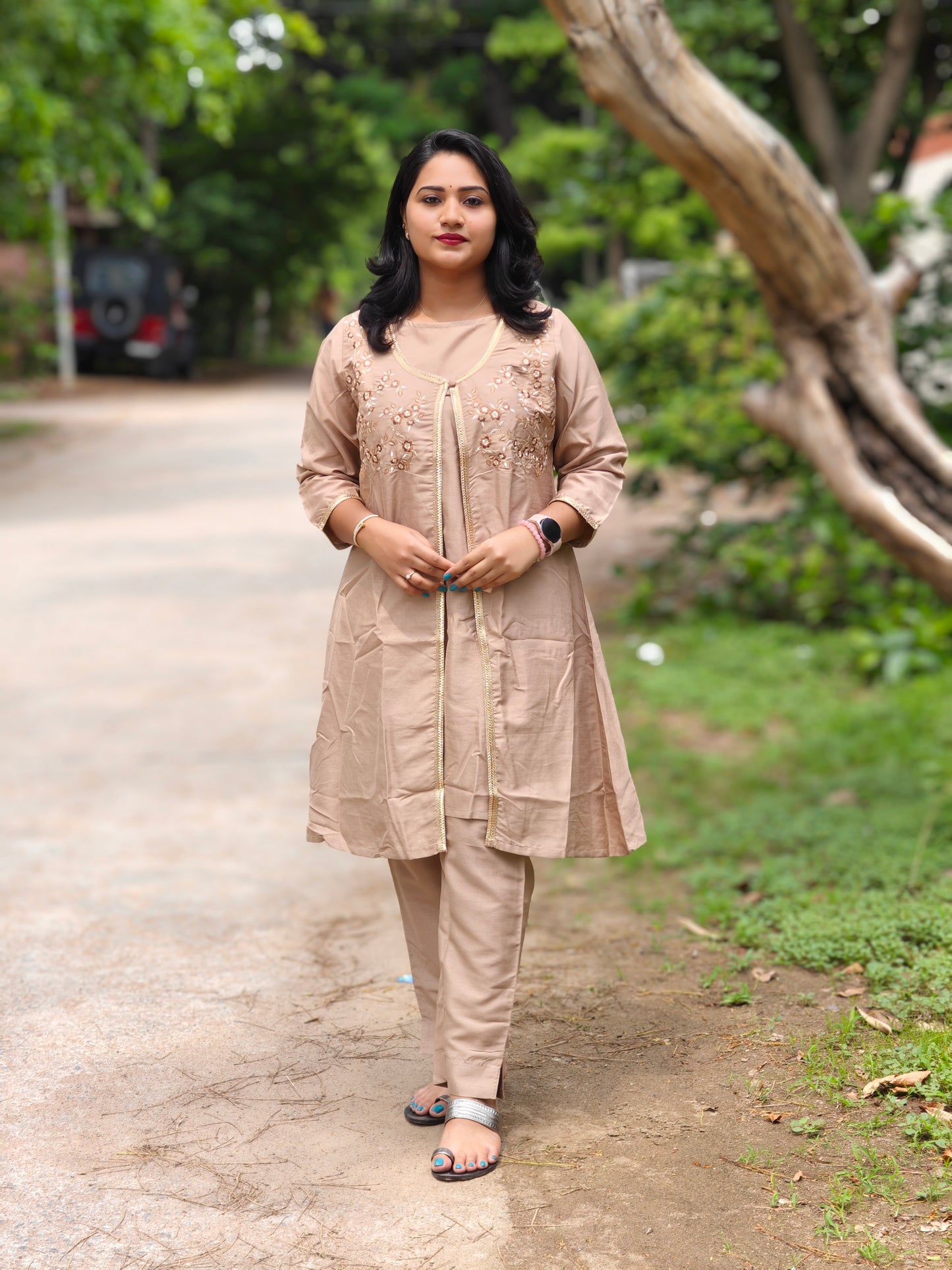 Beige Silk Crepe Embellished Jacket-Style Kurta with Pant Set for Women