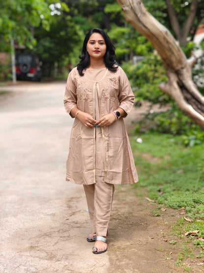 Beige Silk Crepe Embellished Jacket-Style Kurta with Pant Set for Women