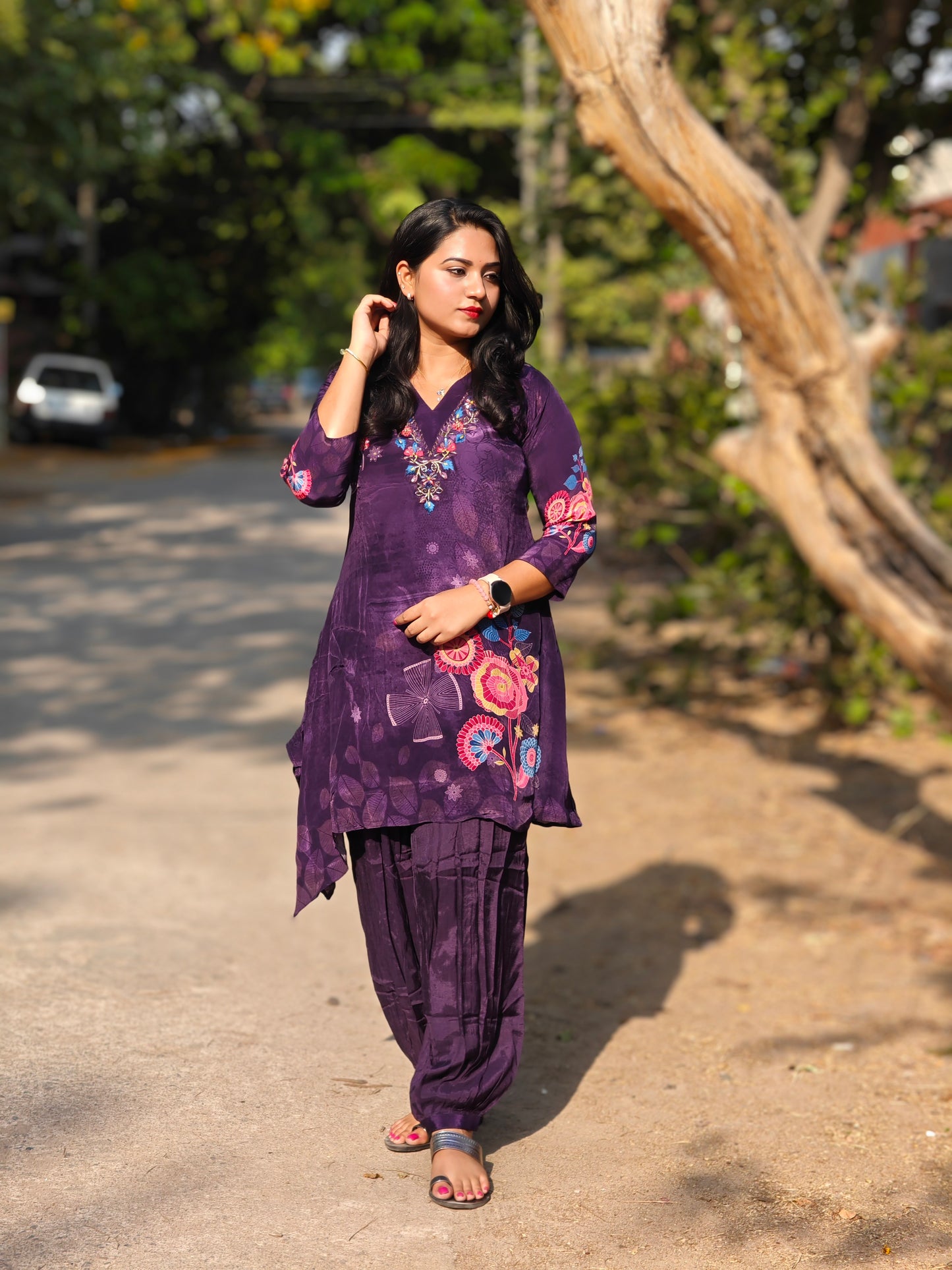 Viscose co-ord set for women with floral print and embroidery – fully stitched festive ethnic outfit