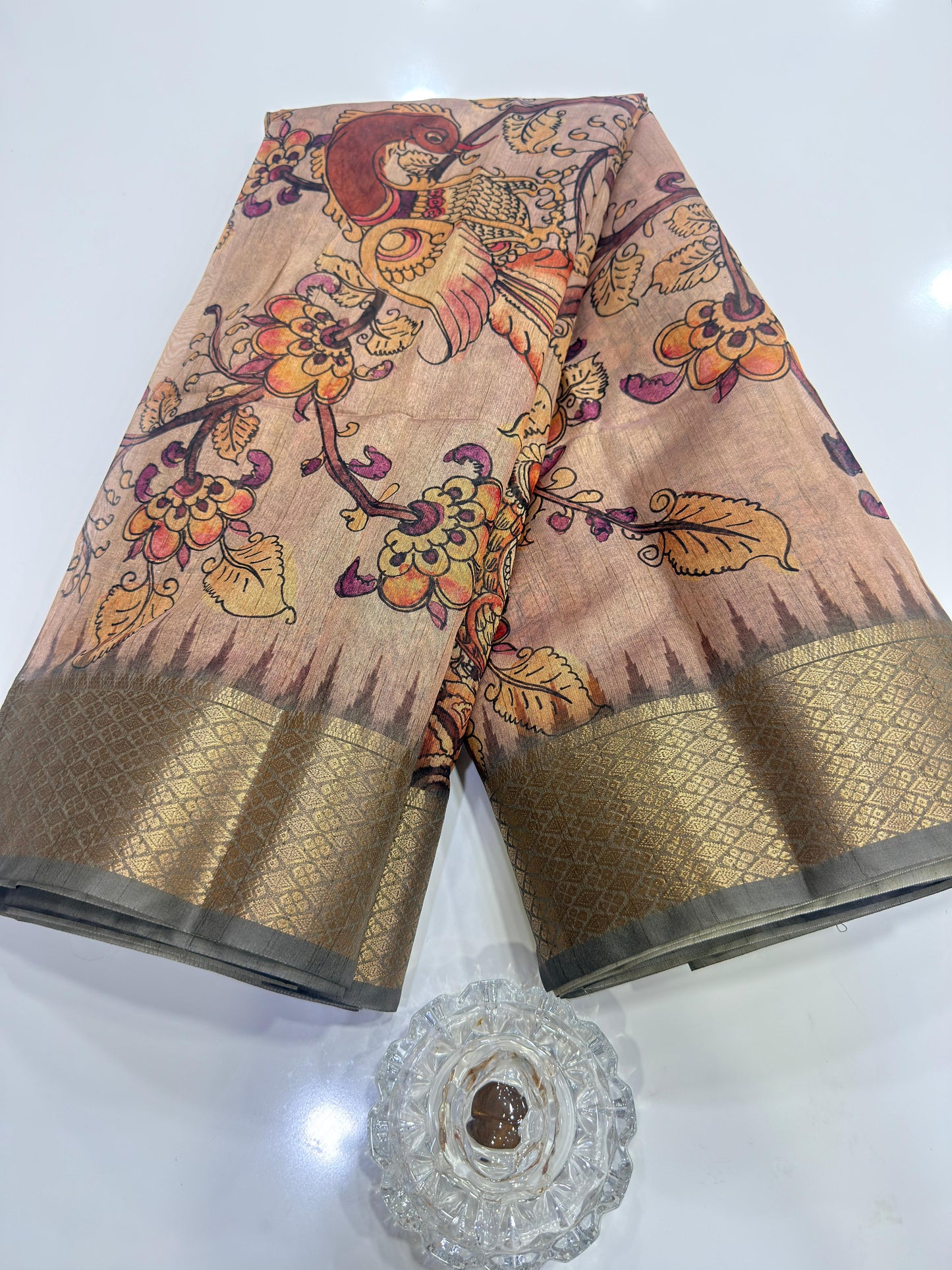 Pashmina Silk Kashmiri Printed Saree for Women Kalamkari Bird Floral Design with Zari Border Ethnic Saree