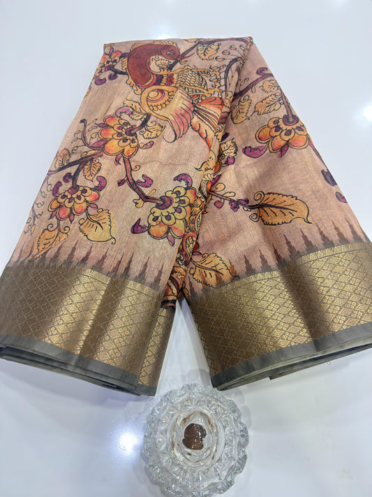 Pashmina Silk Kashmiri Printed Saree for Women Kalamkari Bird Floral Design with Zari Border Ethnic Saree