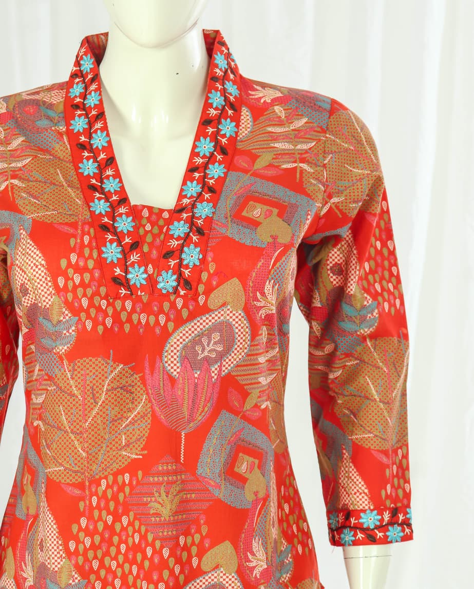 Cotton Kurti Pant Dupatta Set with Embroidered Neckline and Malmal Dupatta for Women