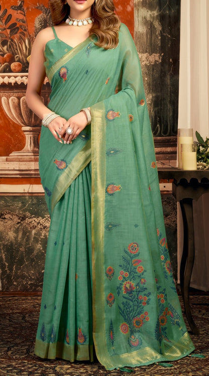 Puri Cotton Zari Border Saree with Fancy Tassels and Blouse for Women