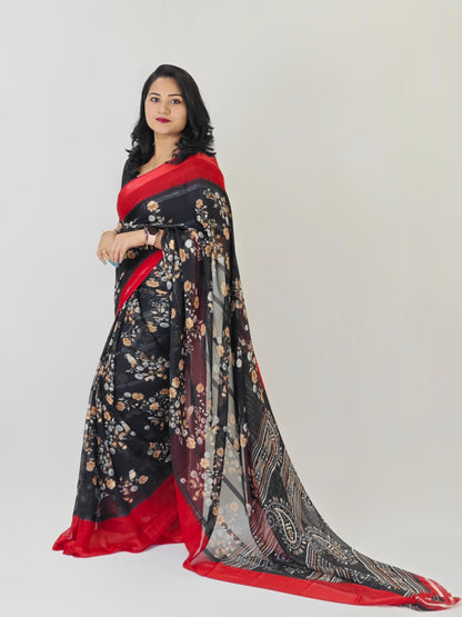 Chiffon Jari Saree with All-Over Floral Print & Contrast Printed Border – Blouse Options Available