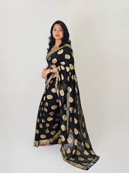 Women’s Pure Viscose Georgette Saree with Gold Zari Weaving, Zalar Pallu and Foil Mirror Work Blouse