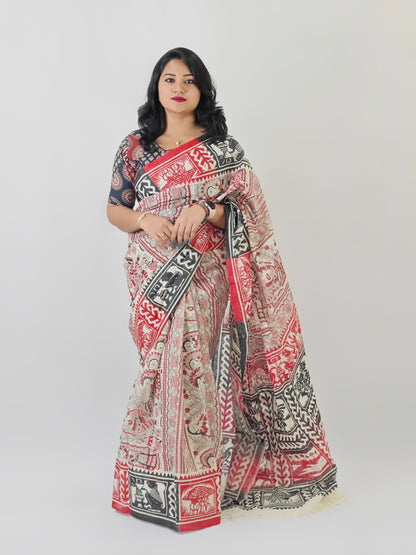 Madhubani Sohajpath Hand Block Print Saree on Begampur Zari Check Fabric – Festive & Wedding Wear