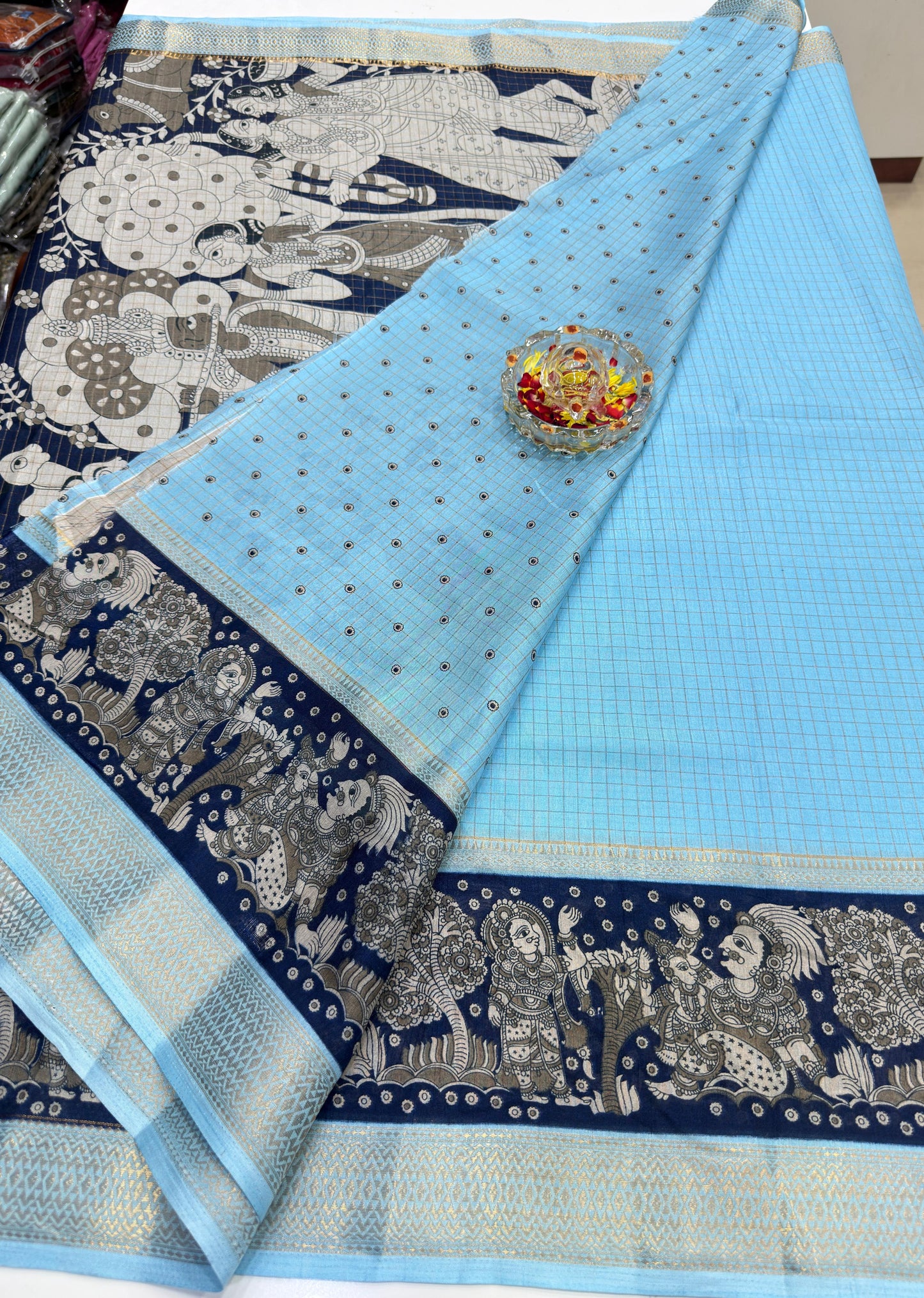 Semi Mysore Georgette Blend Saree for Women with Woven Border and Traditional Printed Design