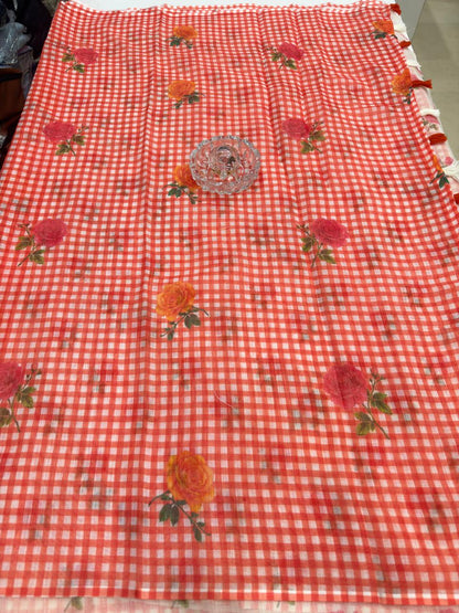 Linen Checks Printed Saree with Rose Floral Design and Matching Blouse for Women