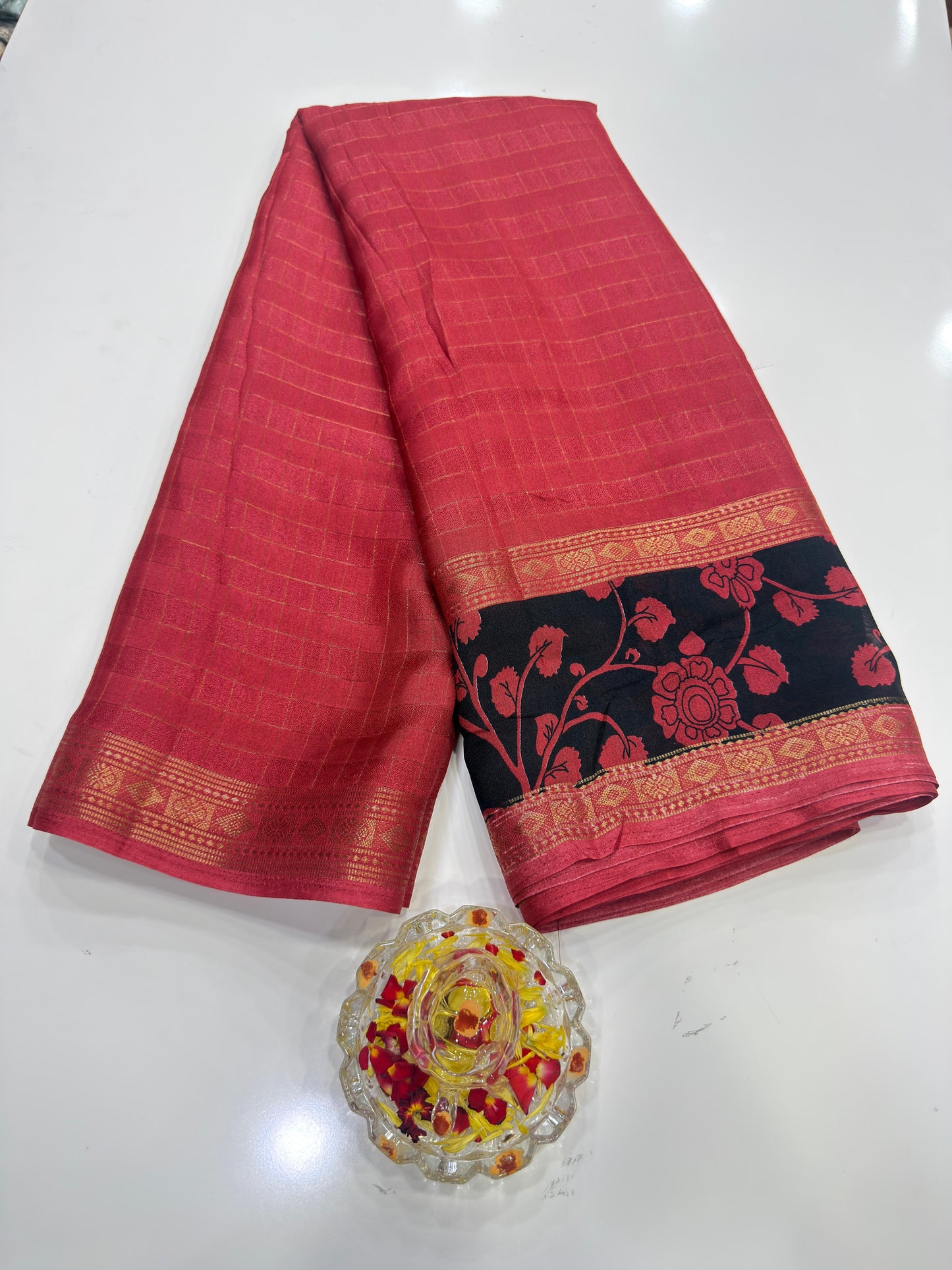 Semi Mysore Georgette Blend Saree for Women with Woven Border and Traditional Printed Design