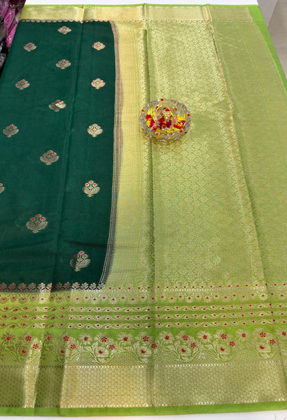 Banarasi Semi RW Mango Silk Saree for Women with Zari Buta, Contrast Border, Designer Pallu and Brocade Blouse