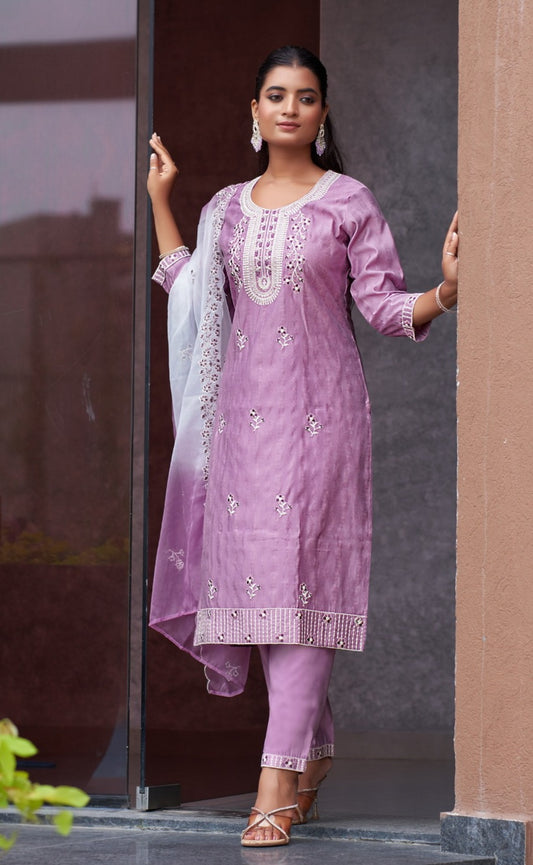 Plus size straight cut vatican dobby kurta pant set with embroidered organza dupatta, 3 piece suit for women, 2XL-3XL