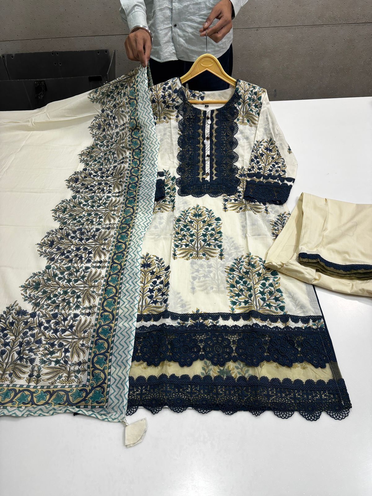Cotton Kurta Pant Dupatta Set for Women with Lace Detailing, Printed Straight Fit 3 Piece