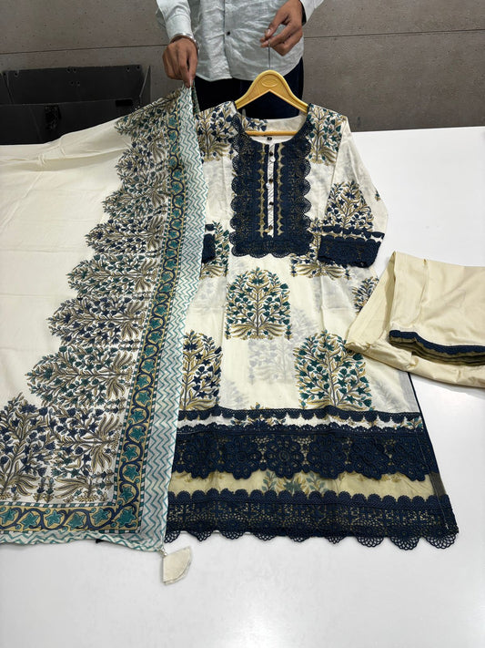 Cotton Kurta Pant Dupatta Set for Women with Lace Detailing, Printed Straight Fit 3 Piece