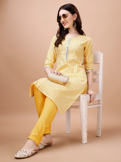 Cotton Blend Sequin Striped Casual Kurti Pant Set for Women – Round Neck, Calf Length
