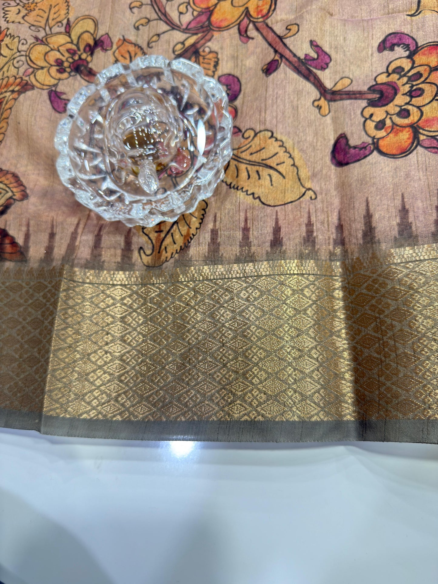 Pashmina Silk Kashmiri Printed Saree for Women Kalamkari Bird Floral Design with Zari Border Ethnic Saree