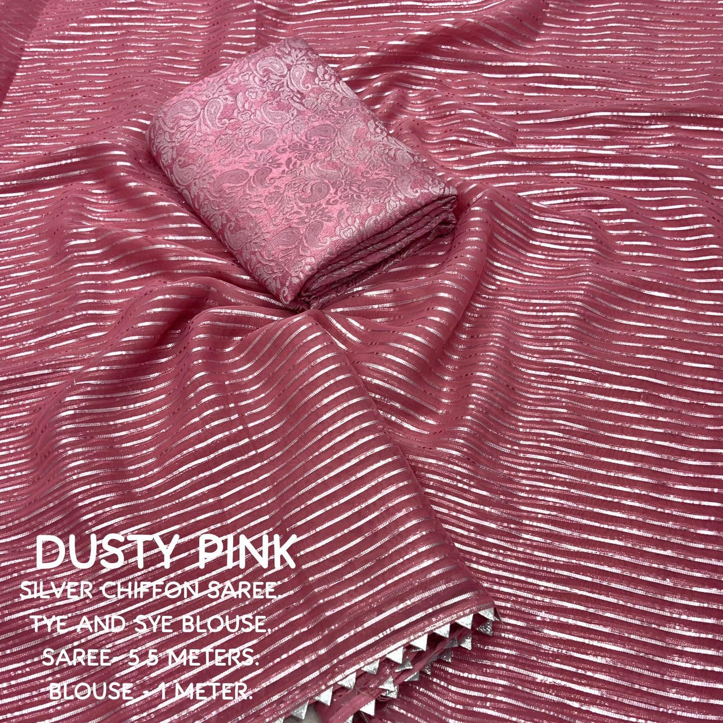 Soft Chiffon Saree with Silver Zari Weaving & Gota Temple Border – Banarasi Silk Blouse Included