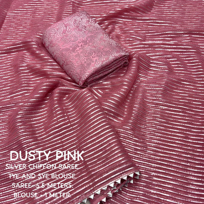 Soft Chiffon Saree with Silver Zari Weaving & Gota Temple Border – Banarasi Silk Blouse Included